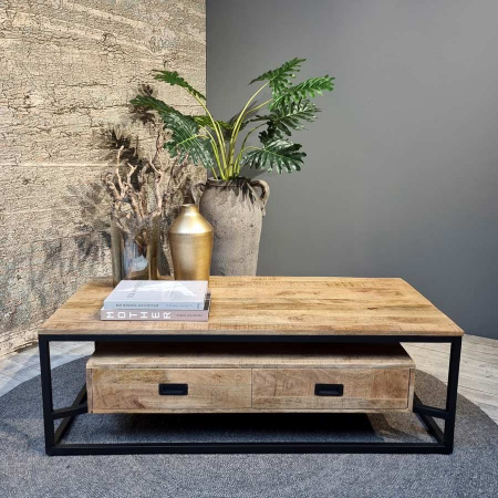 Industrial Couchtisch Ilvi Holz Schubladen Metallgestell 120 cm