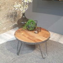 Vintage Stahl Gestell Couchtisch grobes Holz rund 60 cm