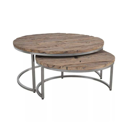 Metall Couchtisch Set rund grobe Altholz Platte 90 cm