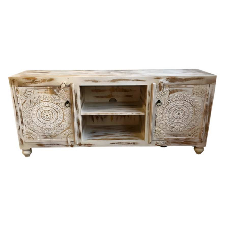 White Wash Mandala Holz TV Lowboard 2 Türen offene Ablagen