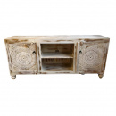 White Wash Mandala Holz TV Lowboard 2 Türen offene...